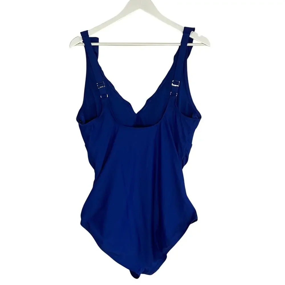 DKNY WOMENS SIZE XLARGE RUFFLE PLUNGE UNDERWIRE ONE PIECE SWIMSUIT BLUE NEW